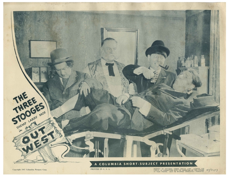 Complete Set of 4 Lobby Cards for the 1947 Three Stooges Film ''Out West'' -- Each Measures 14'' x 11'' -- Mild Toning, Creasing & Wear, With Some Moisture Exposure to Tops; Very Good Condition